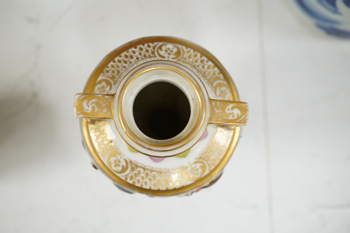 A Crown Derby Imari seven trio place setting, three other cups and two saucers, a large plate and a pair of Doccia- style vases, 18cm high